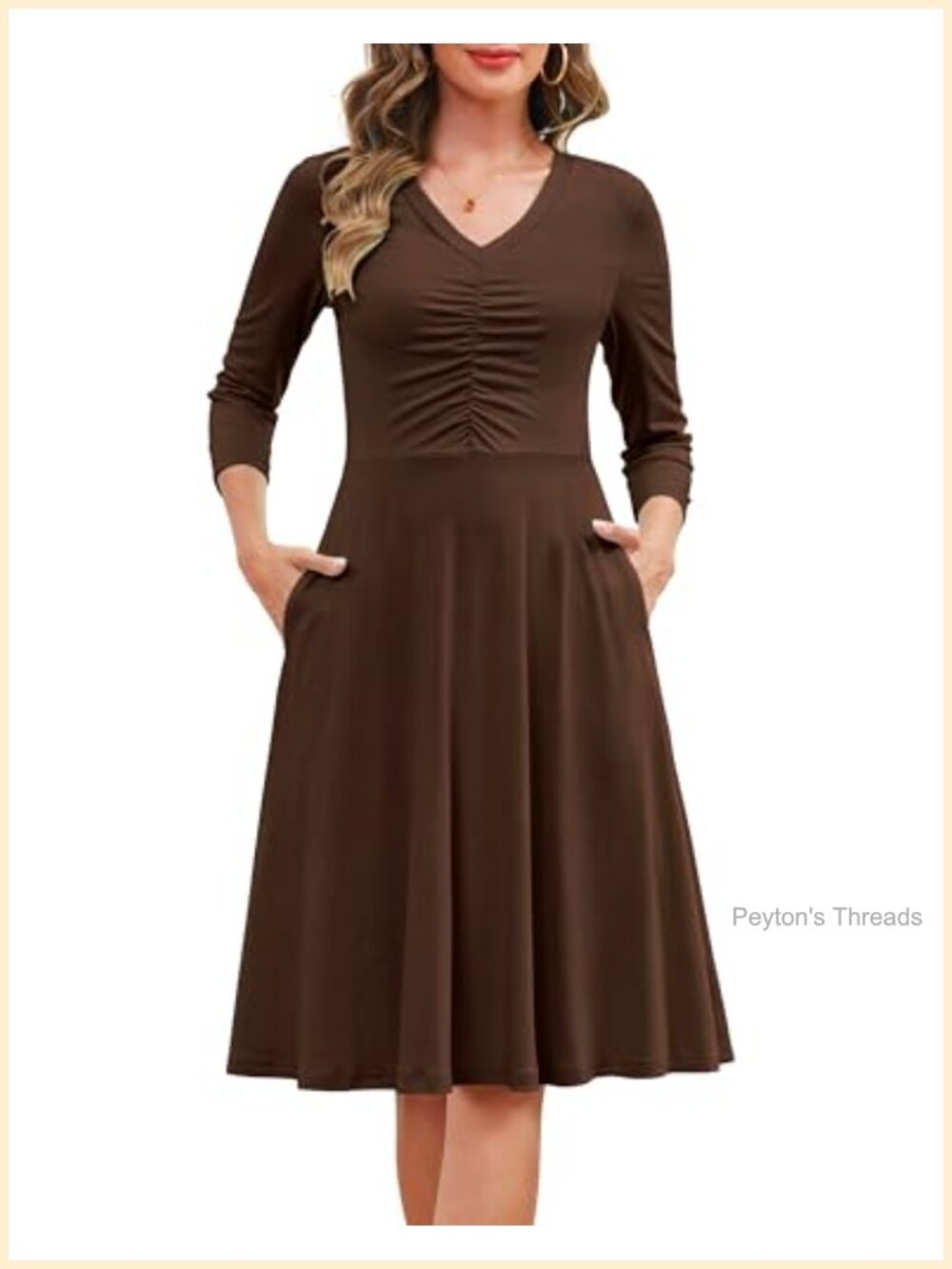 3/4 Sleeve Floral Midi Dress Ruched V-Neck A-Line with Pockets